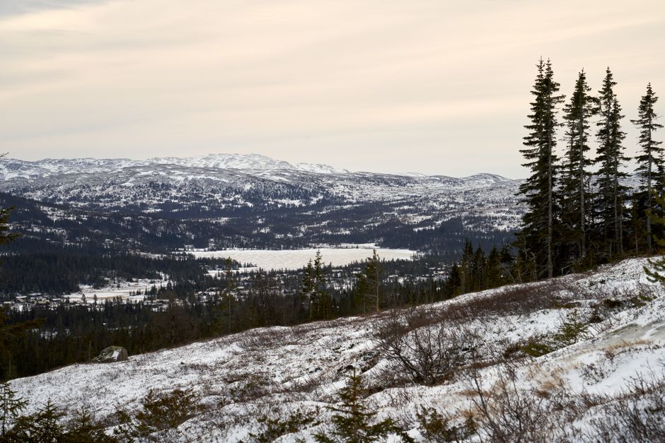 A serene winter landscape of snow-capped mountains and frozen lakes in Flå, Norway.
